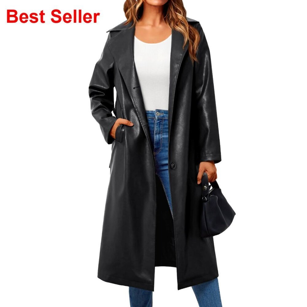 PU Faux Leather Long Trench Coat with Belt Open Front Lapel